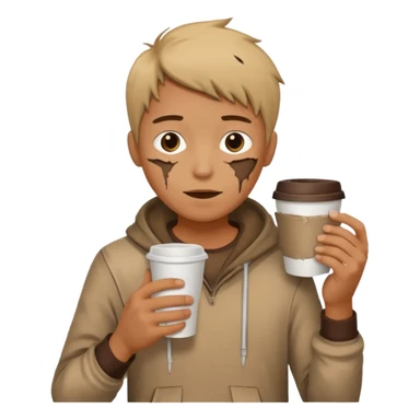 Create an emoji that shows a person wearing torn clothes with visible dirt marks and an empty cup. sticker