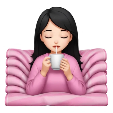 black haired girl inside a pink blanket sipping coffee with eyes closed and lashes sticker