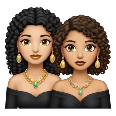 An emoji with two women, one woman with caramel skin color, black curly hair long. The other one is fair skin with brown straight hair and they're wearing jewelry and makeup. sticker