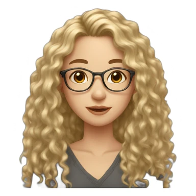 Caucasian girl, long hair, black curly hair, golden glasses with tiny frames, just face sticker