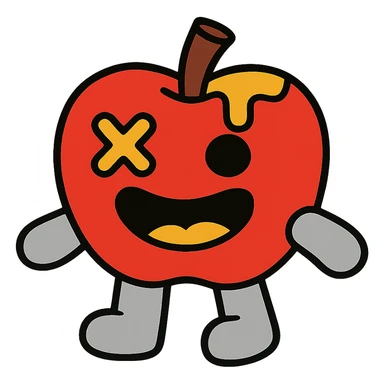 plush apple character with light grey arms and legs, left eye is an X, yellow ichor dripping from stem, big smiling mouth, no leaf sticker