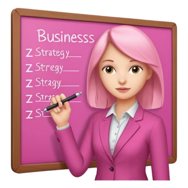 pink board with a girl writing on it and on the board there are graphs and a title "Business Strategy" sticker