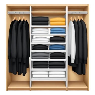 Closet organizer with visible compartments filled with black long sleeve shirts, sweaters and work clothes sticker