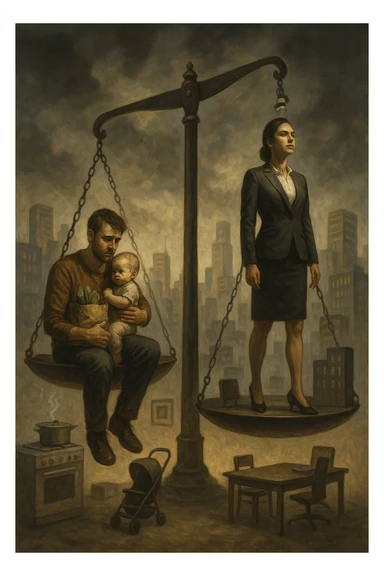 Scena metaforica: una bilancia sociale sbilanciata, con un uomo seduto da un lato con un bambino in braccio e una borsa della spesa, mentre una donna in carriera in abiti formali guarda lontano con espressione determinata. Intorno a loro, simboli confusi dei ruoli tradizionali (fornello, scrivania, passeggino, ufficio). Sullo sfondo, una città moderna e caotica. L’atmosfera è riflessiva, non giudicante. Luci contrastate, come a simboleggiare tensione culturale. in italiano sticker