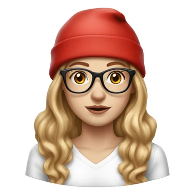 Hyperrealistic white girl with long blush hair with black glasses on, she is wearing a red santa hat  sticker