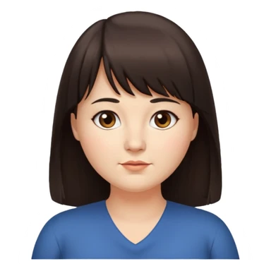 40 yr old woman, long hair down back, very small brown eyes, long hair, straight dark brown hair, bangs, chubby, long face sticker