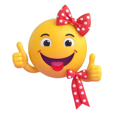 3D smiley emoji, large eyelashes, red polka dot bow, smiling, thumbs up with one hand, star and musical note beside, cute style sticker