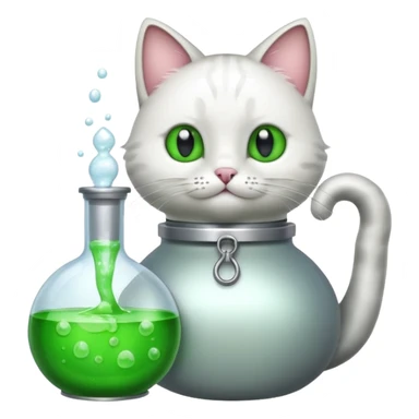 Sleek cat wearing a white coat, paw on a bubbling flask. sticker