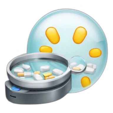 i want an emoji representing a printer with a magnifying glass covering it showing medication drugs sticker