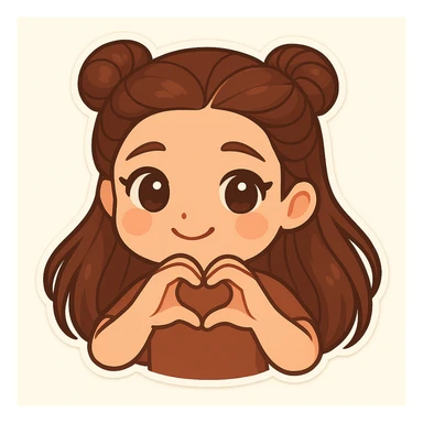 Create a chibi sticker of the girl with double bun hairstyle, making a heart shape with her fingers, sweet and loving. sticker