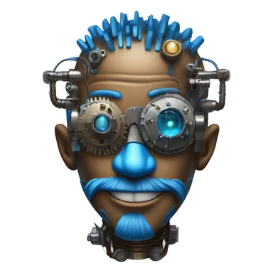 Brown cyborg head with blue Mohawk, blue beard, silver steampunk monocle goggles a smile and circuits sticker