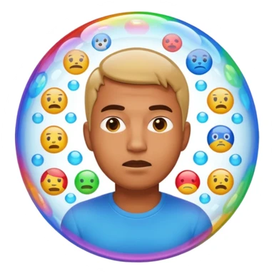 Realistic emoji-style man trapped inside a glowing filter bubble. The bubble contains identical social media icons and repeating content symbols. Outside the bubble are colorful diverse icons he cannot see. The man looks comfortable but unaware, expressing narrow perspective. sticker