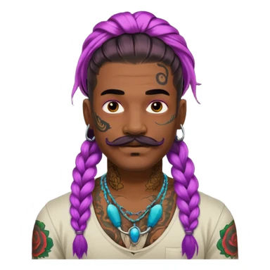 big lose braids starting from the top of the head man with mustache face wiith big visible braids and lots and lots of face tattoos colored tattoos like a tattoo artist hair unique color sticker