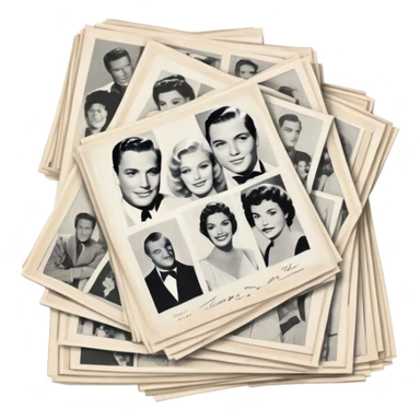 Icon for Autograph Collecting: several vintage framed with signatures of famous celebrities sheets stacked one on top of the other, each . The icon should evoke the charm and history of collecting autographs. Transparent background. sticker