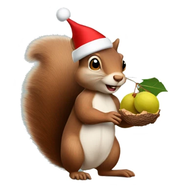 squirrel holding some walnuts and wearing a christmas hat sticker