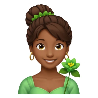 tạo cho tôi emoji tạo hình của công chúa da đen tóc nâu búi tóc 1 bên trên đỉnh đầu, cô ý cài hoa màu xanh lá cây. không đeo khuyên tai sticker