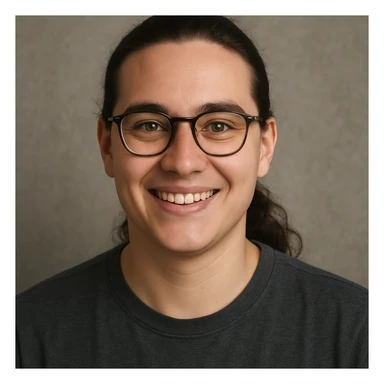 upper body portrait of a person with long pulled back dark brown hair, hazel eyes, and glasses, smiling sticker