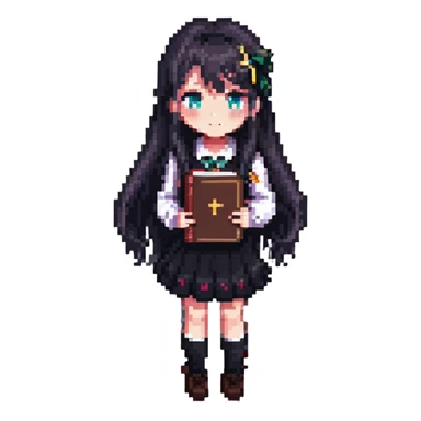 Japanese anime schoolgirl with long hair holding a book in pixel art style sticker