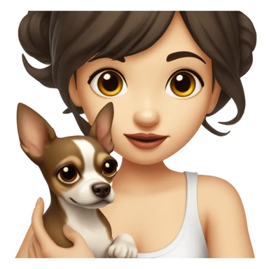 A girl with long, straight, very dark brown hair, big round brown eyes, and full, very big lips. She is wearing a white singlet top and holding a small chihuahua in her arms. The chihuahua is a solid light yellow colour with no markings sticker