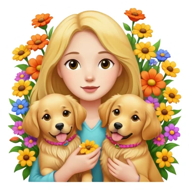 A girl is holding two golden retrievers in the flowers sticker