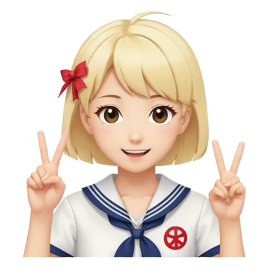 Energetic anime girl with short blonde hair wearing Japanese sailor style school uniform, winking and making double peace signs, very cheerful and bubbly, kawaii style sticker