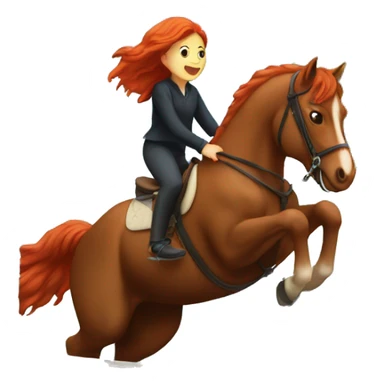 A girl with red hair riding a horse that is jumping over a wall sticker