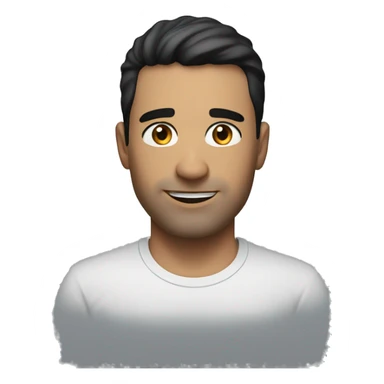 A head and shoulders shot of a 33 year old white man, with short black hair,   with brown eyes wearing a t-shirt. sticker