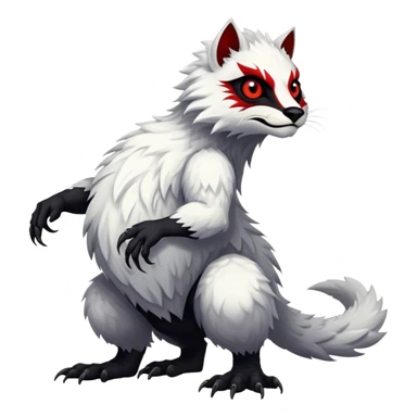 a white exotic edgy vernid-fionbri-creature, with black belly and red eyes, full body sticker