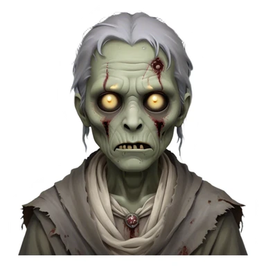 Cinematic Noble Zombie Portrait Emoji, Surprisingly dignified and somber, with a decaying yet strangely regal visage in ashen grays and muted tones, draped in tattered attire hinting at a lost grandeur, simplified yet meticulously detailed, glowing with a soft, eerie radiance and a gentle outline that evokes the tragic nobility of the undead! sticker