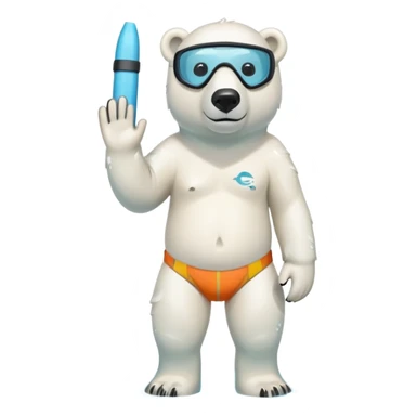 friendly anthropomorphised polar bear standing in a small puddle, wearing colorful board shorts, scuba mask over eyes, snorkel tube attached sticker