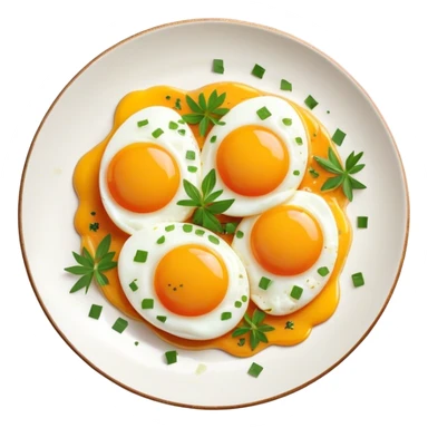 Cinematic sunny-side-up eggs, perfectly cooked with glossy yolks, crispy golden edges, sprinkled with fresh herbs, served on a rustic plate, bright and inviting, highly detailed and appetizing. sticker