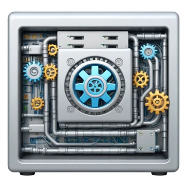 Computer server with gears and code symbols representing DevOps automation sticker