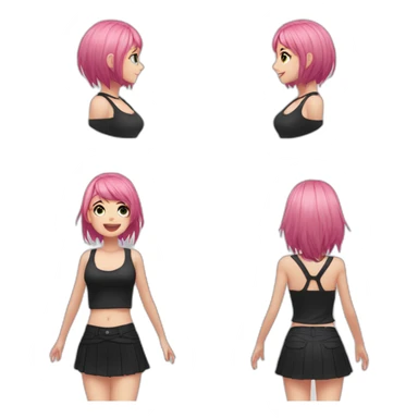 Full body Front view curvy emo girl pink hair sits on the floor straight view hands up black skirt белые трусики полосатые рваные чулки sticker