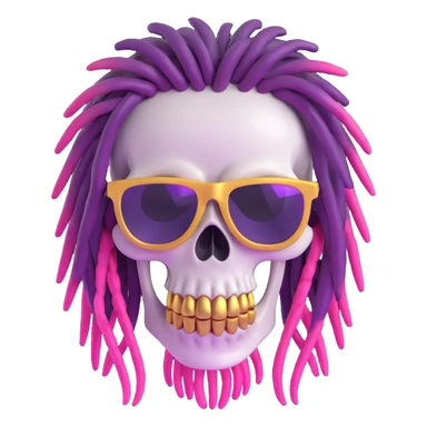 Remove the beard from the 3D cartoon skull with purple and pink ombre dreadlocks, gold teeth, and sunglasses. No tattoo on forehead. Keep the original 3D cartoon skull style. No background. sticker