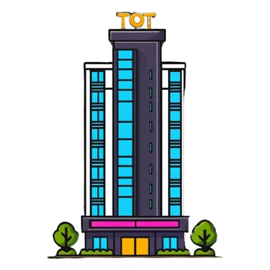 tall hotel building with illuminated sign and entrance sticker