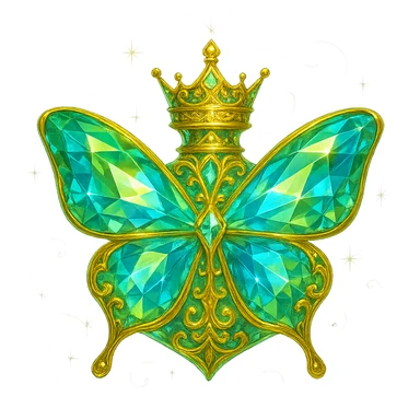 Create an impressive, luxurious crystal butterfly-shaped bottle with a short neck and a princess crown on top. Colors should be light green (#c0ff53), blue, and similar shades blending like a gemstone with many facets, glow, light refractions, and transparency. Add more details, ornaments, and subtle magical effects around to look fantasy style and very luxurious. Keep golden details, transparent background, a beautiful merging bottom, and the bottle floating in the air with no base or shadow. The style should be elegant and fantasy-inspired crystal art. sticker