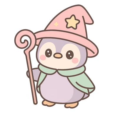 cute penguin wizard wearing a magical hat and holding a staff, fantasy style sticker