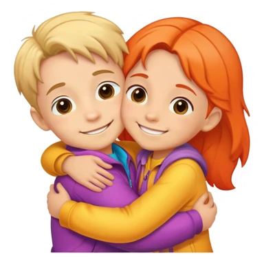 Cute colorful sticker: two small children hugging each other. The kids are smiling, wearing bright clothes. Style: cartoonish, cute, warm, with soft lines. White or transparent background. sticker