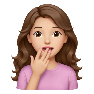 girl with wavy long brown hair, brown eyes, light to medium complexion, long lashes, light pink lipstick, wearing light pink shirt, sexy, gigling hand covering mouth sticker