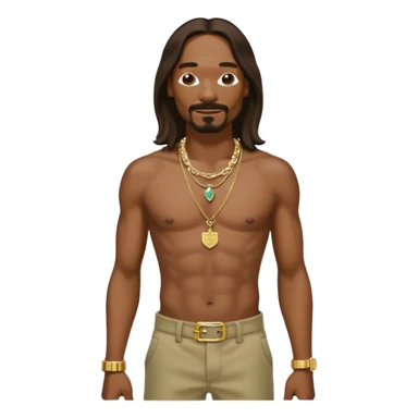 Snoop Dogg with dark brown long hair, shirtless with necklace, khaki pants sticker