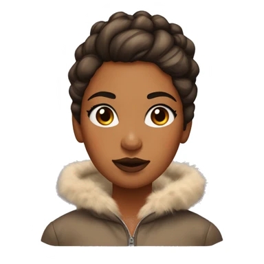 girl with orange skin, brown hair in a messy bun, with a shiny coat with fur hood, large eyebrows and lightly coloured lips,heavy bronzer  sticker