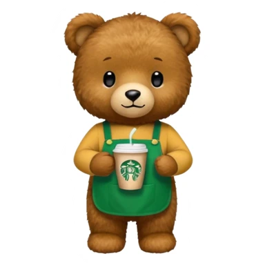 teddy bear wearing green apron with one cup of starbucks coffee sticker