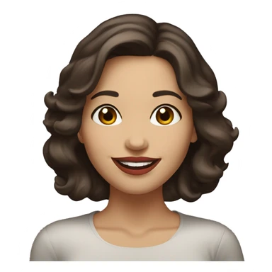 A cheerful woman in her 30s with fair skin, shoulder-length wavy dark brown hair, and a round face with prominent cheekbones. She has hazel eyes, full lips with red lipstick, and a warm, friendly smile. sticker