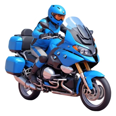 blue BMW RT1200 touring motorcycle with rider on open road sticker