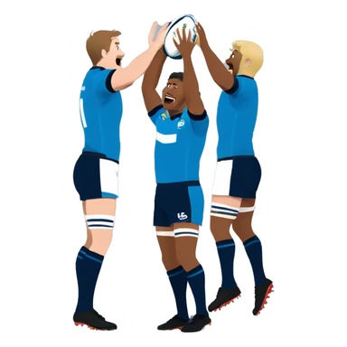 two rugby players lifting another player to catch a ball in a lineout, all players wearing blue kit sticker