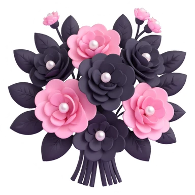 minimal 3D gothic bouquet with pearls, pink and black flowers, simple and elegant sticker