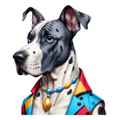 Cinematic Noble Harlequin Great Dane Portrait Emoji, Poised and regal, with a towering, muscular build and a striking coat of predominantly white with bold black patches, deep-set soulful blue eyes, Simplified yet sharp and sophisticated features, highly detailed, glowing with a soft, dignified glow, high shine, intelligent and loyal, stylized with an air of majesty, focused and attentive, soft glowing outline, capturing the essence of a watchful and confident guardian, so majestic it feels as though it could stride out of the screen with effortless authority! sticker