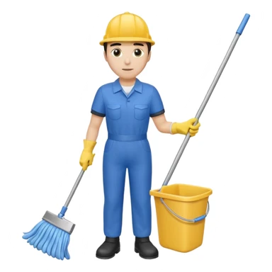 Custodian with yellow rubber gloves, mop sticker