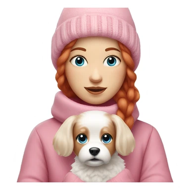 Woman with red hair and blue eyes wearing pink winter clothes holding a small white dog with fluffy fur  sticker