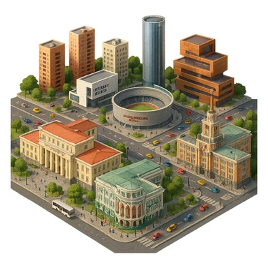 Изометричная миниатюрная фотореалистичная 3D модель Екатеринбурга - Дом Севастьянова, Ельцин-центр, Уральский федеральный университет, дома, Екатеринбург Арена, Медный дом, Здание Свердловского городского совета народных депутатов четкая детализация, яркие цвета, мультяшный реализм, люди, автотранспорт, компактная композиция, вид сверху в изометрии, прозрачный фон sticker